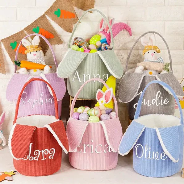 Вышитые буквы пасхальная корзина яйца корзина кролик уха корзина название вельвет Easter Basket
