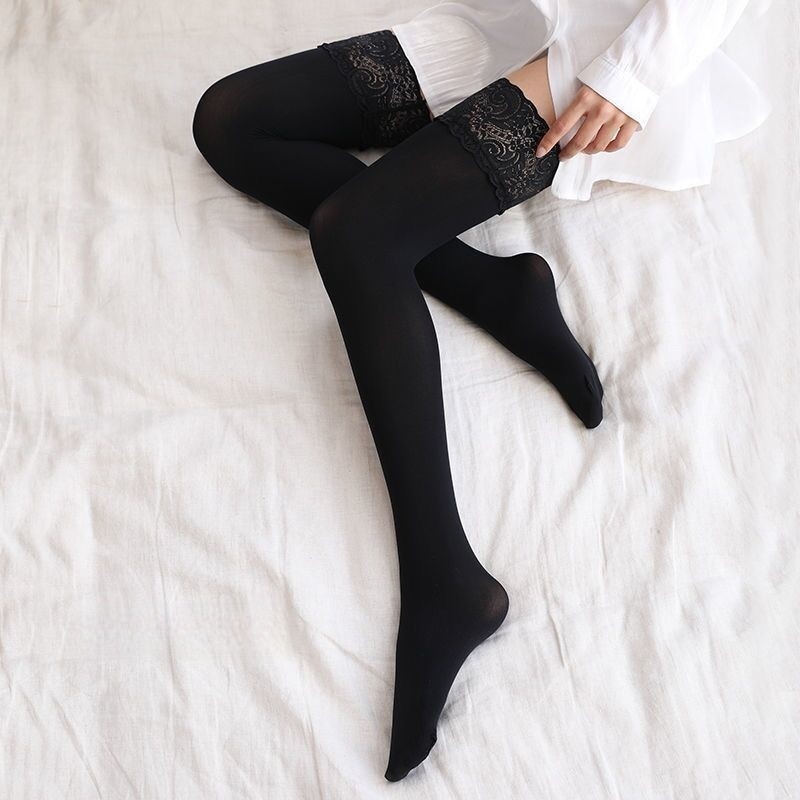 Women's stockings, lace slimming women's socks, velvet high knee socks, JK black silk thigh socks_voghion.com