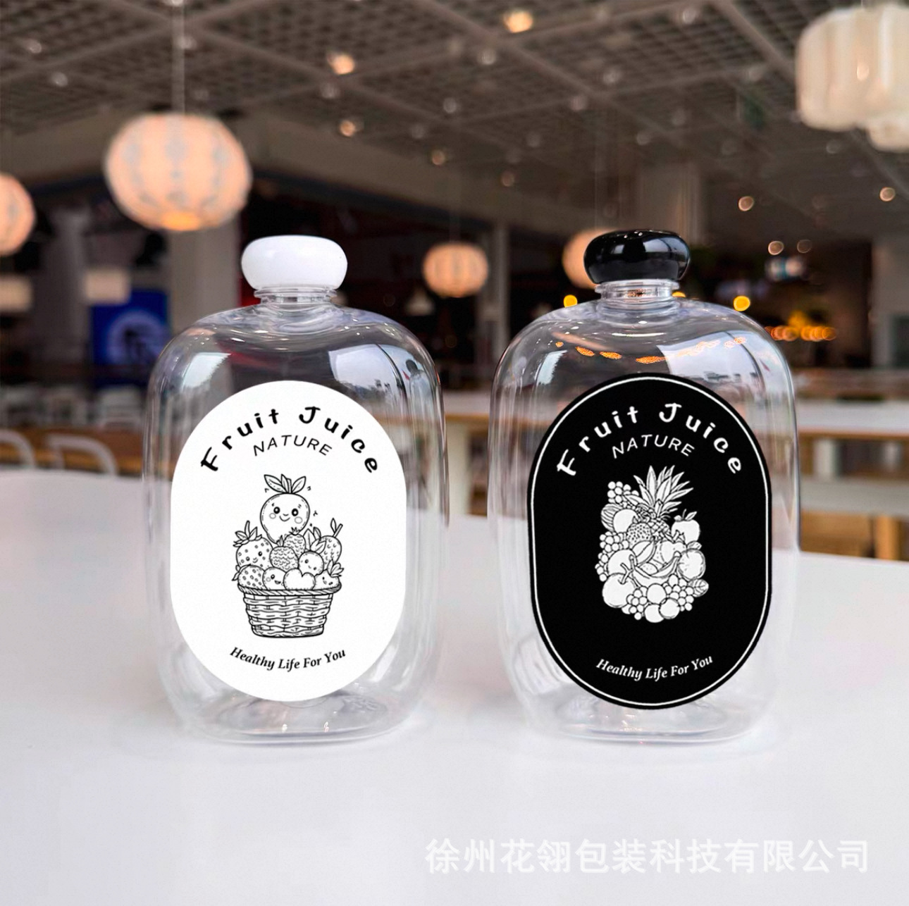 Jugo mayorista para llevar taza de naranja botella de bebida de jugo de fruta PET tapa negra de plástico taza de té de leche desechable