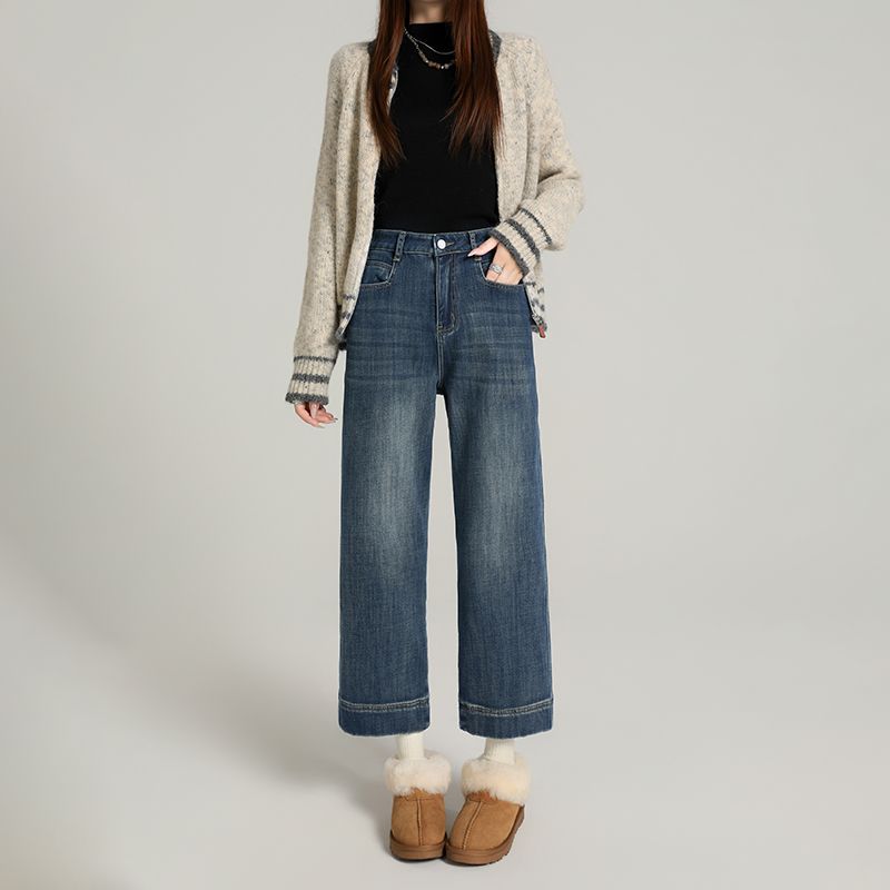 2025 Early Autumn and Winter High-Waisted Loose Straight Four-Way Stretch Jeans for Women, Fashionable Petite Cropped Slim Cigarette Pants