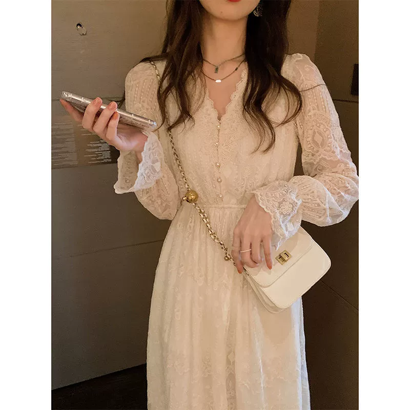 Autumn white long skirt, lace long-sleeve, dress, city style, bright catchy style, french style