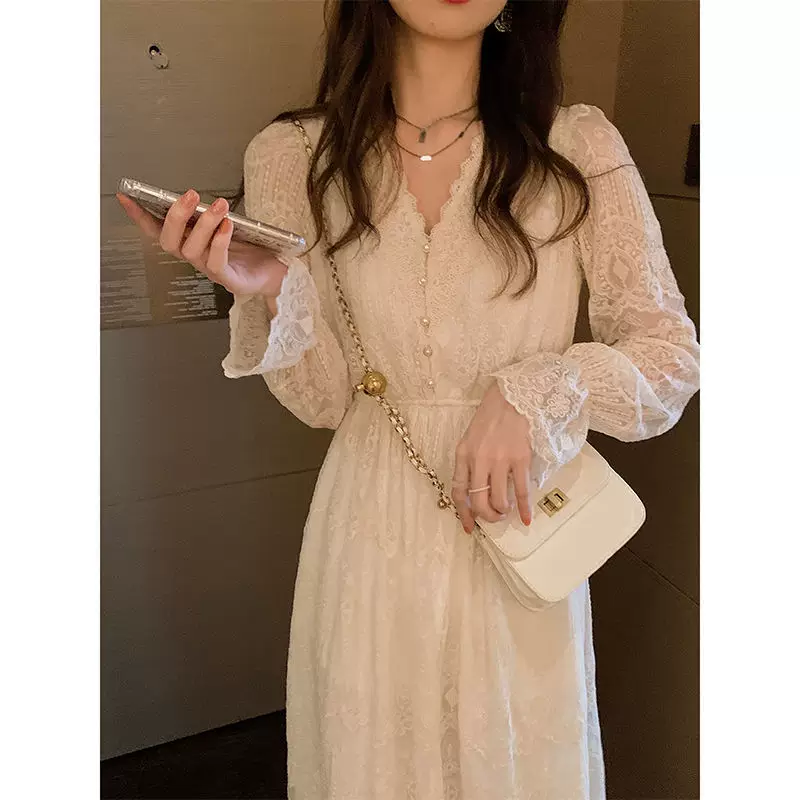 Autumn white long skirt, lace long-sleeve, dress, city style, bright catchy style, french style