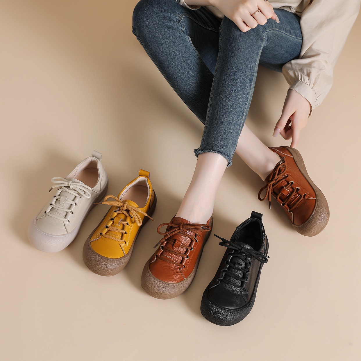 2024 Autumn/Winter New High-Top Women's Shoes Genuine Leather Versatile Retro Shoes Square-Toe Flat Short Boots Sneakers