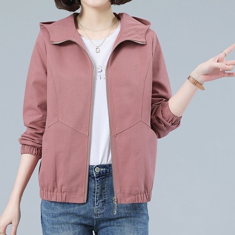 休闲连帽棉短外套女2025春秋新款韩版大码宽松中年妈妈连帽夹克|undefined