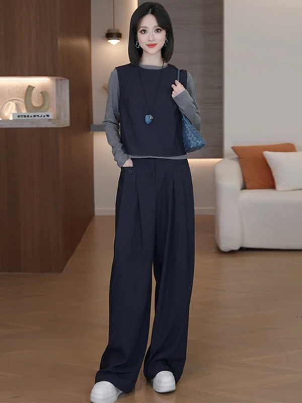时尚休闲套装女2025秋季新款气质显瘦马甲长袖打底衫阔腿裤三件套|undefined