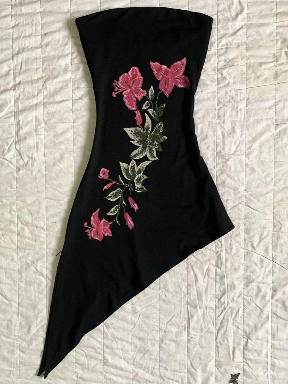 日牌外贸纯欲美式vintage古着黑色复古印花抹胸不规则修身连衣裙