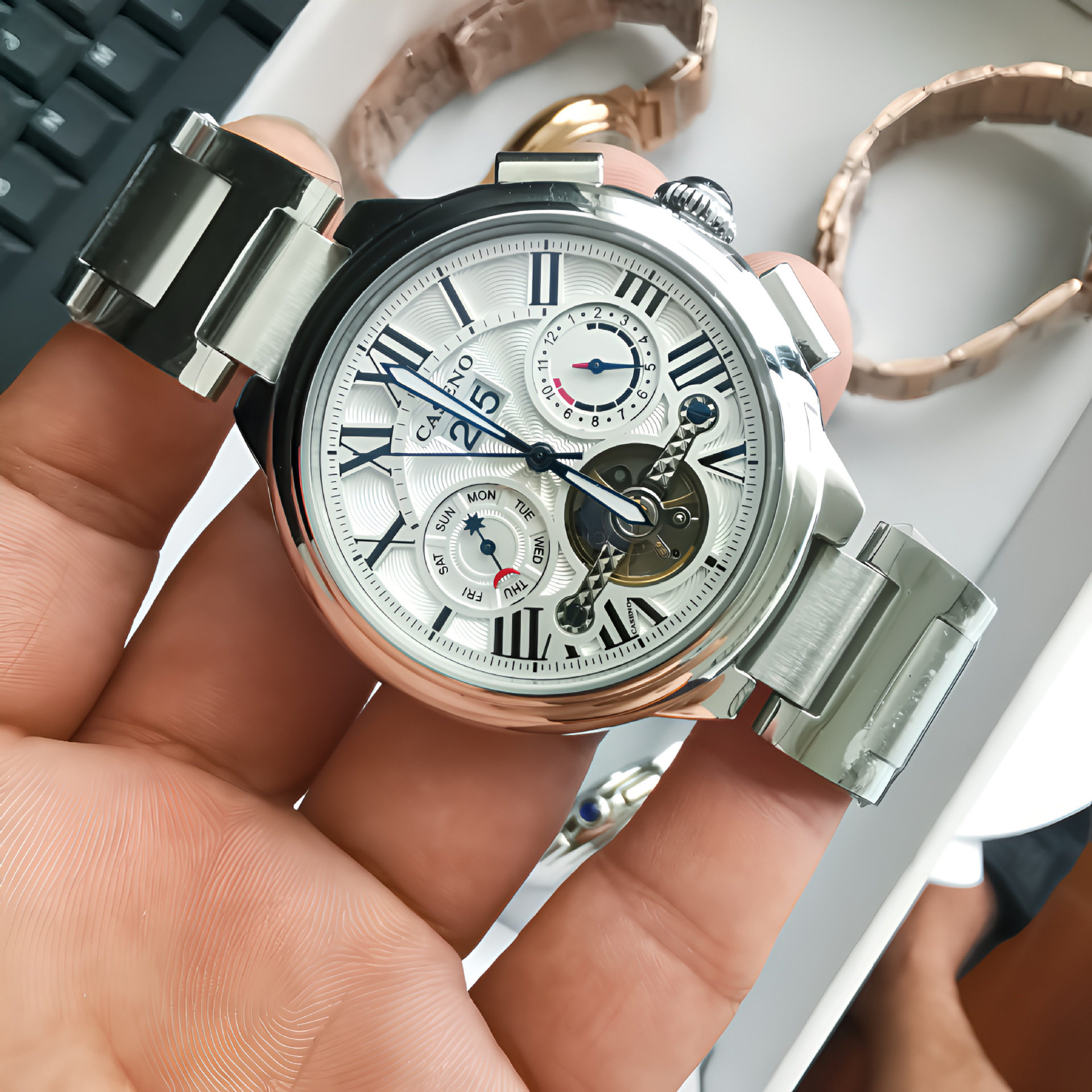 CASENO6996G精钢全自动多功能陀飞轮机械钢带手表绅士男士机械表