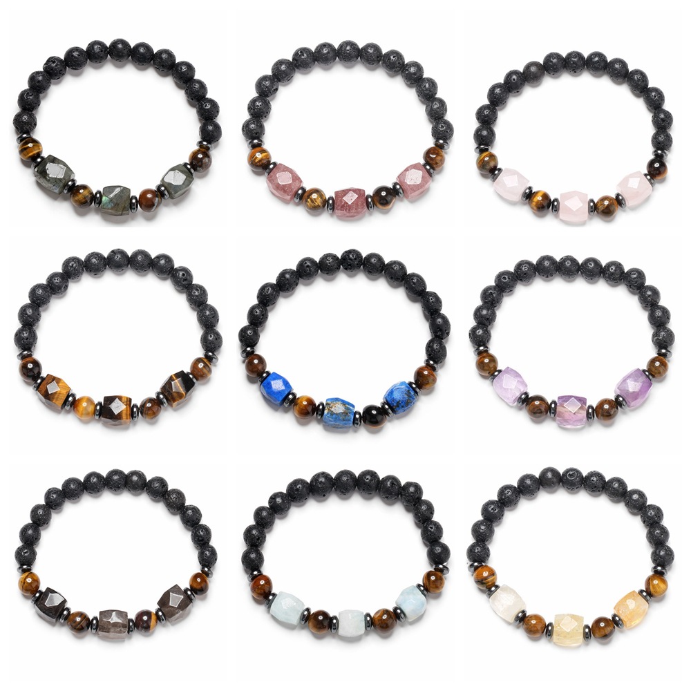 Pulsera de cuentas de piedra volcánica transfronteriza europea y americana Ojo de tigre Pulsera de cuentas de cristal Rosa geométrica colorida Pulsera de cuentas de hombres y mujeres