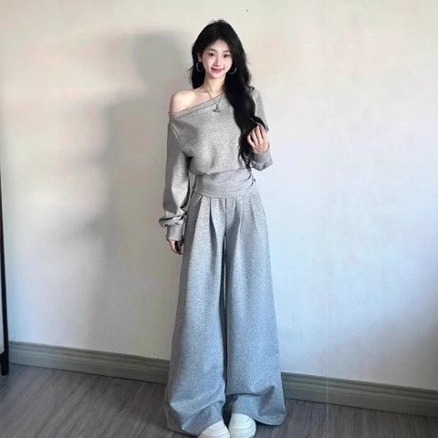小个子休闲运动套装女2025春秋盐系炸街斜肩收腰卫衣阔腿裤两件套|undefined