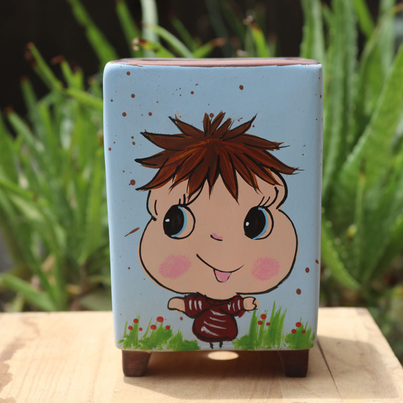Korean-style hand-painted stoneware pot square fleshy flower pot cartoon girl boy with feet creative ceramic flower pot meat pot