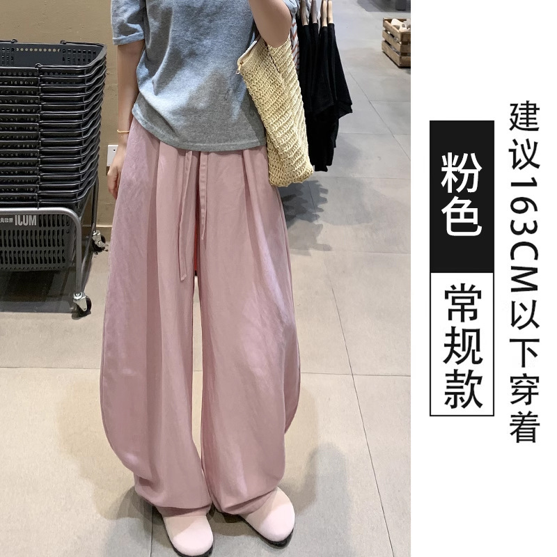 藏青色冰丝亚麻弯刀休闲裤女夏薄款高腰显瘦慵懒风宽松凉凉阔腿裤|undefined