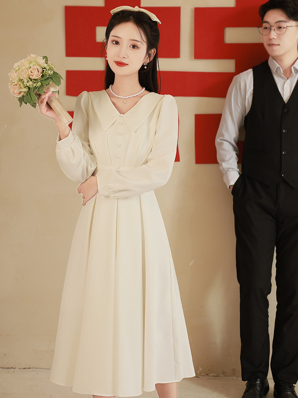 White Small Evening Dress Women's License Small White Dress French Entry Luxury Niche Engagement Dress Long Sleeve Doll Collar