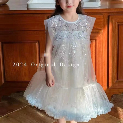 Designer new children's dress 2024 summer girls' exquisite sequin gradient large lapel tutu princess dress