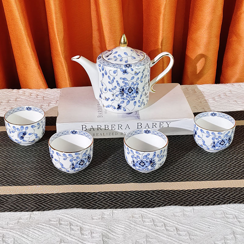 鸣家跨境米兰茶壶四杯套装轻奢青花家用送礼茶具套装骨瓷早点茶杯