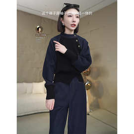 网红同款黑色半高领复古加厚上衣女秋冬时尚纯色休闲直筒裤两件套