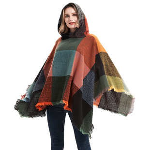Ready Stock Factory Direct Supply Foreign Trade European and American Spring, Autumn and Winter New Large Plaid Women's Pullover Cloak Hooded Cloak Shawl