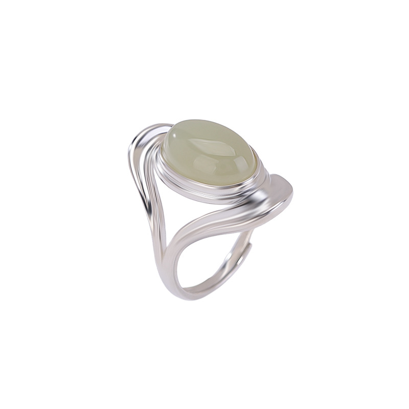 Nhẫn nữ bạc S925 đính ngọc Hetian tự nhiên hình bầu dục cabochon phong cách tối giản — một mảnh