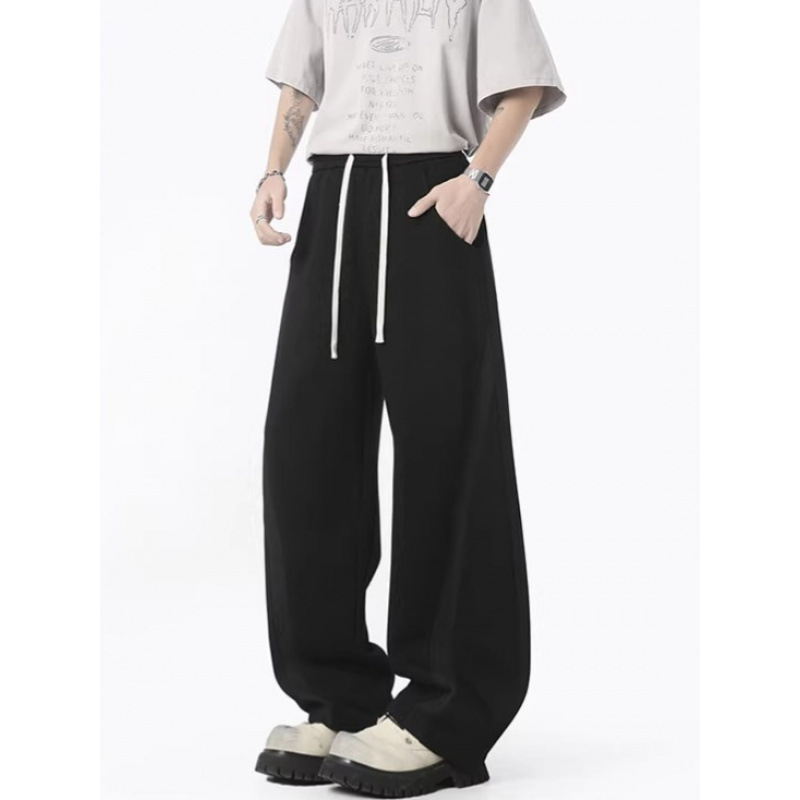 Heavyweight trendy men's curved blade sweatpants, summer American loose-fitting sporty casual trousers, high-street versatile wide-leg trousers.