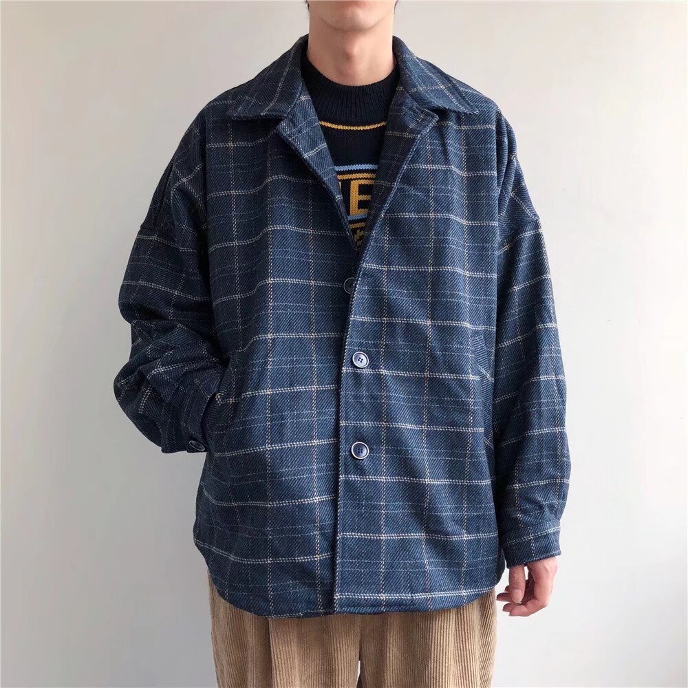 Woolen Plaid Jacket For Men, Loose, Trendy, Retro, Casual, Versatile, Student Top, Workwear Jacket_voghion.com
