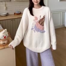 日系ins可爱卡通睡衣女冬季半边绒宽松毛绒长袖家居服两件套