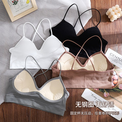 新品固定杯乳膠吊帶美背螺紋裹胸少女聚攏交叉抹胸一體式內衣背心