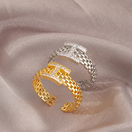 Light luxury and exquisite zircon H letter diamond watch strap ring for women Korean niche versatile high-end index finger ring