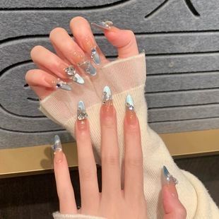 Trendy High-End Blue Elf French Cat-Eye Rich Daughter Dazzling Wearable Nail Polish Finished Products Wholesale
