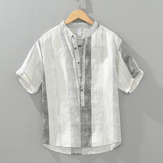 1257 men's casual stand collar striped linen short sleeve shirt