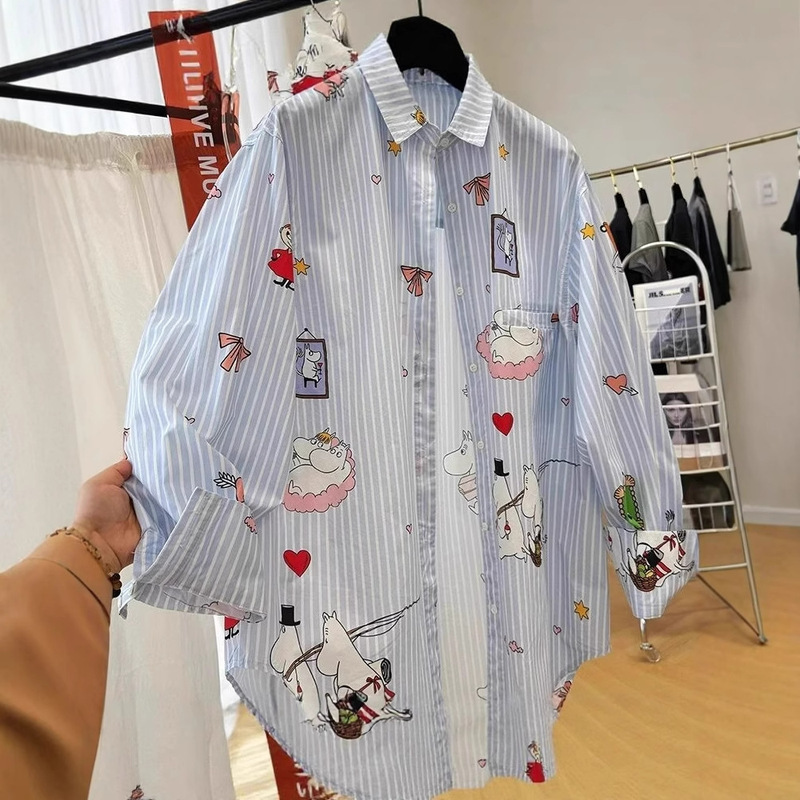 Cartoon Printed Korean Style Age-reducing Loose Lazy Style Casual Striped Long-sleeved Shirt Women's Spring Travel Sunscreen Top
