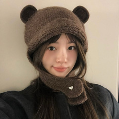 2025 秋冬新作ウール帽子女性用かわいいクマ耳保護サイクリング暖かいニットスカーフとネックウォーマー