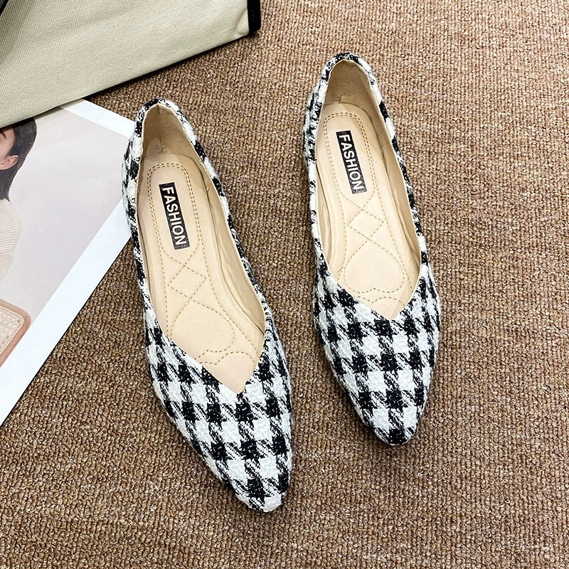 Однослойные туфли с острым носком, женская обувь 2023, весенне-Летние слипоны, мелкий ароматный стиль, плоская мягкая подошва, клетчатая Женская обувь в нежном стиле