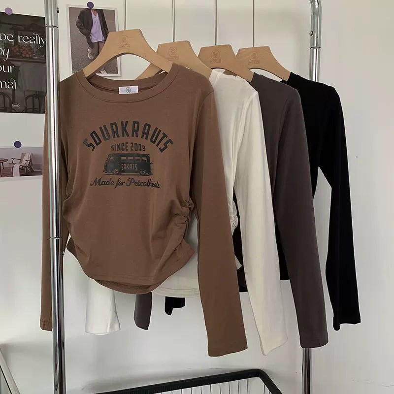 新款美式复古设计感印花长袖T恤女别致辣妹修身显瘦ins潮打底上衣