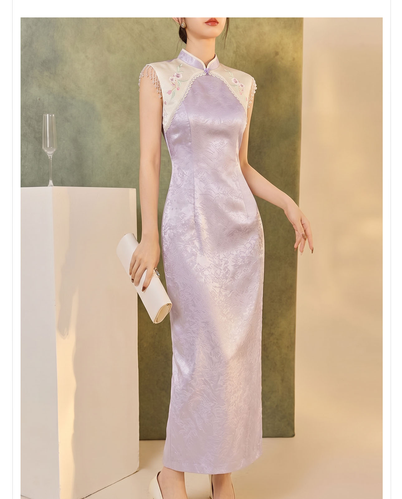 Đầm maxi satin sọc tông màu nối tay tua, cổ chẻ — Khoai tây tím chi tiết 4