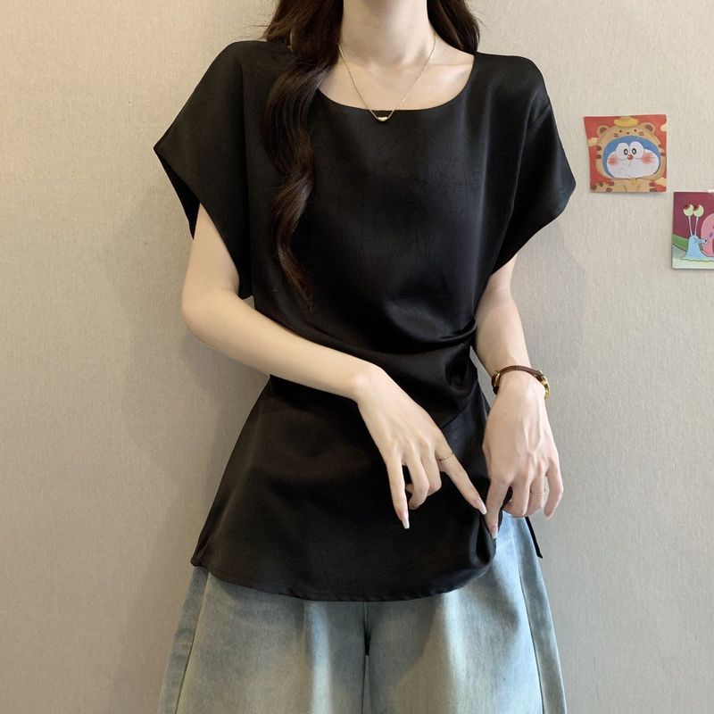 大码醋酸缎面小飞袖正肩短袖衬衫女夏季新款胖mm宽松显瘦遮肉上衣|undefined