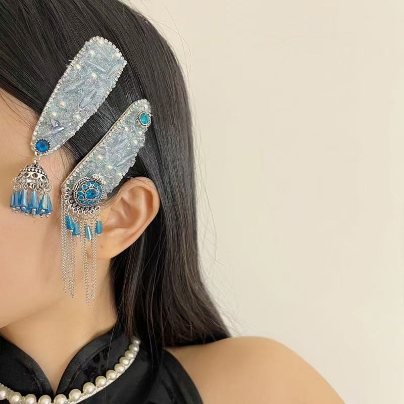 民族风治愈系闪钻珍珠名族风前额流苏边夹女个性刘海夹发卡发饰|undefined