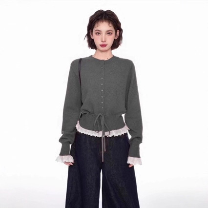 Trendy Faux Two-Piece Lace Knit Cardigan for Women, Early Autumn Slim-Fit Belted Sweater Jacket, Korean Style Top