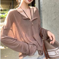 怠惰なvネック長袖日焼け止めtシャツ女性2025春夏新製品女装ゆるい薄着ブラウス上着