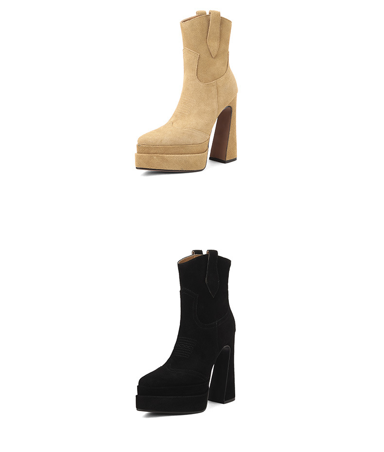 Boot nữ cổ thấp mũi nhọn gót vuông platform 14 cm da thật — Màu đen (lót nhung) chi tiết 9