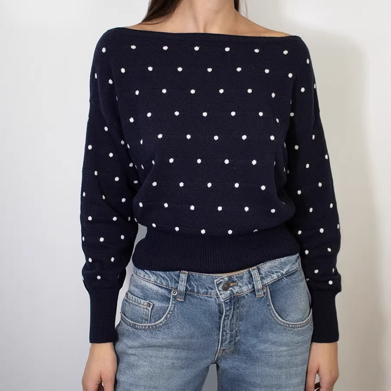 2026 New Spring and Autumn Long-Sleeve Boat Neck Asymmetrical Shoulder Autumn and Winter Pure Desire Color-Blocking Polka Dot Waist-Cinching Knitted Pullover Sweater for Women
