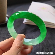 天然缅甸冰种翡翠手镯时尚阳绿扁条玉镯子女款翡翠半山半水辣绿色
