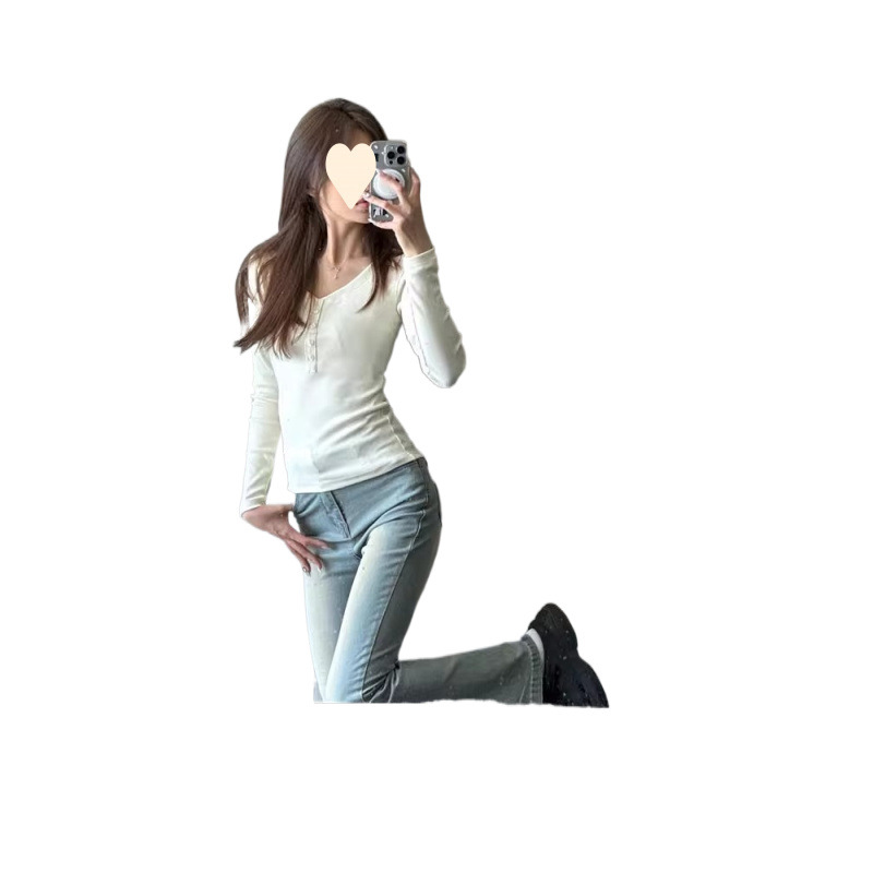 아메리칸 스타일 핫 걸 V 넥 어깨 긴팔 티셔츠 여성용 가을과 겨울 하이 엔드 내베이스 셔츠 슬림 핏 슬리밍 쇼트 탑