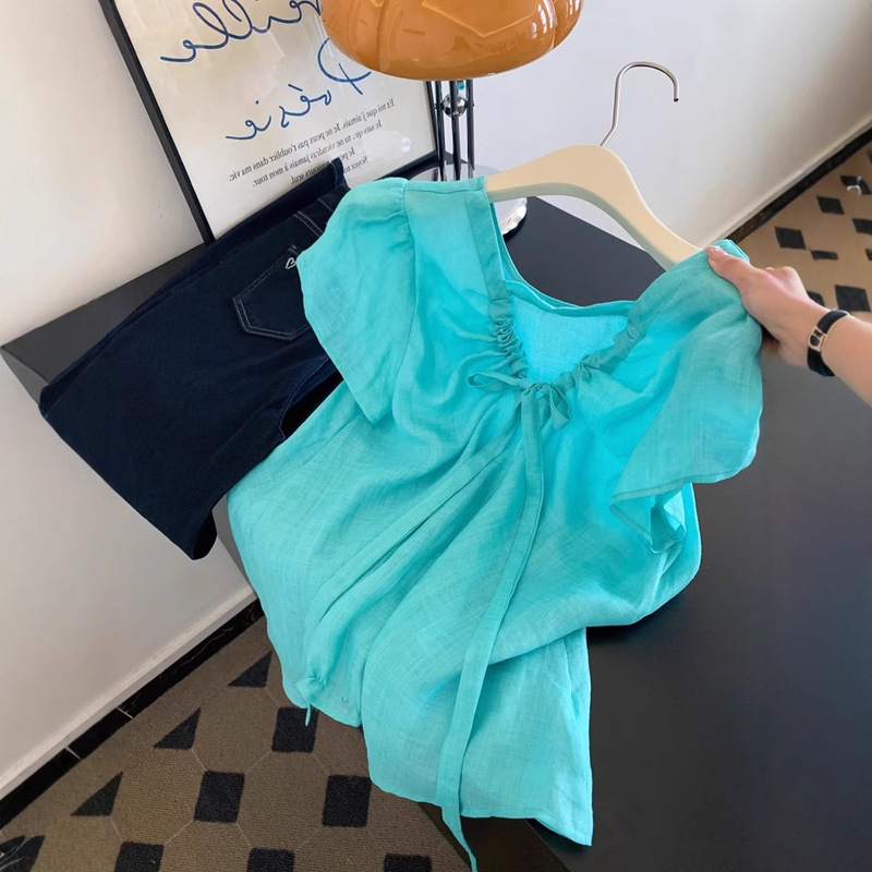 Ramie Blue V-Neck Right Shoulder Short-Sleeved Shirt for Women Unique and Beautiful Top Accessible Luxury High-End 2025 New Summer