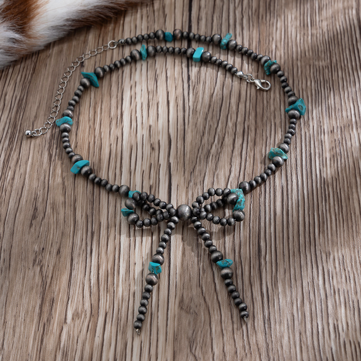 Collier de perles à nœud bohème Ensemble de chaîne de clavicule en denim turquoise occidental_voghion.com