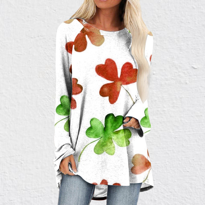 European and American New Saint Patrick Clover Digital Print Women's T-shirt Loose Casual Round Neck Rorted T-shirt Dress