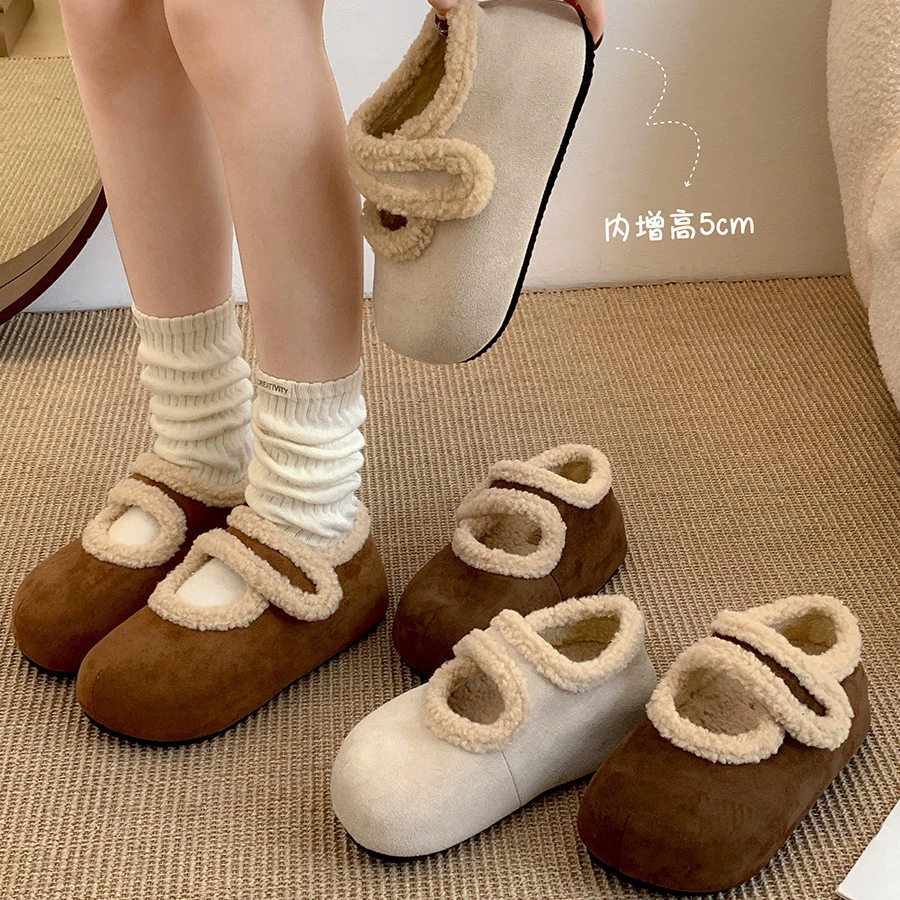 Модные дикие теплые липучки плоские хлопчатобумажные туфли женская 2024 новая зимняя бархатная обувь Mary Jen Mao