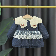 女童加绒外套批发冬款韩版娃娃领儿童棉衣宝宝蕾丝拼接棉服外贸潮