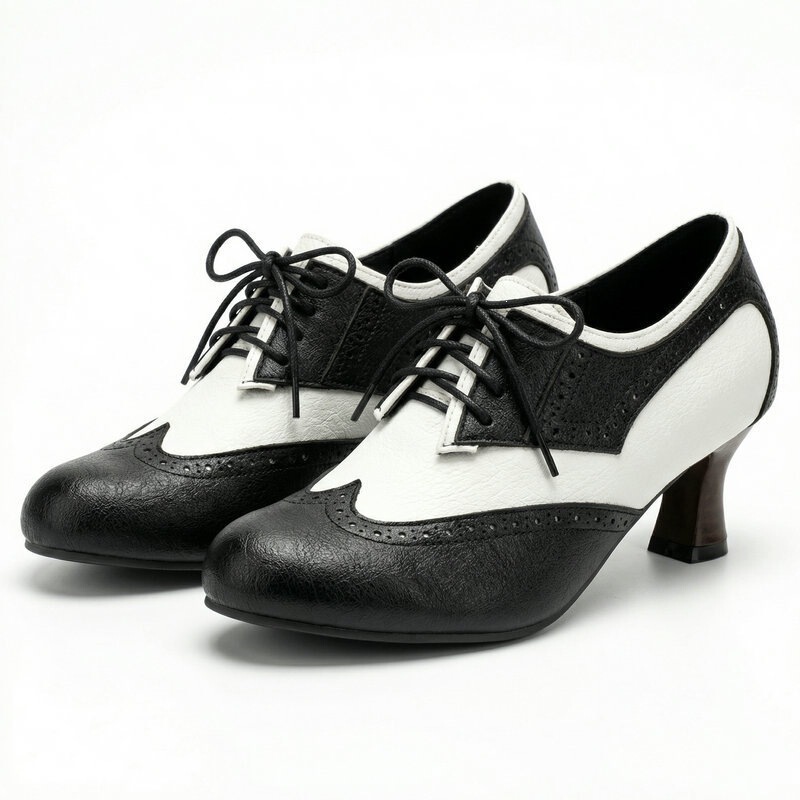 2026 New Style French Retro Color-Blocked Chunky Heel Women's Lace-Up Brogue Commuter Dance Shoes