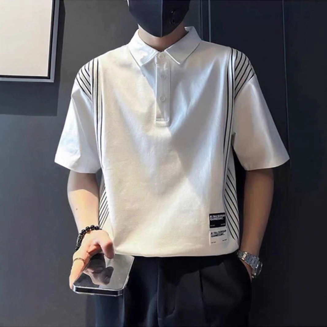 Summer New Men's Design Sense Stitching Striped POLO Collar Short-sleeved Men's Trendy Brand All-match Lapel Half-sleeved T-shirt