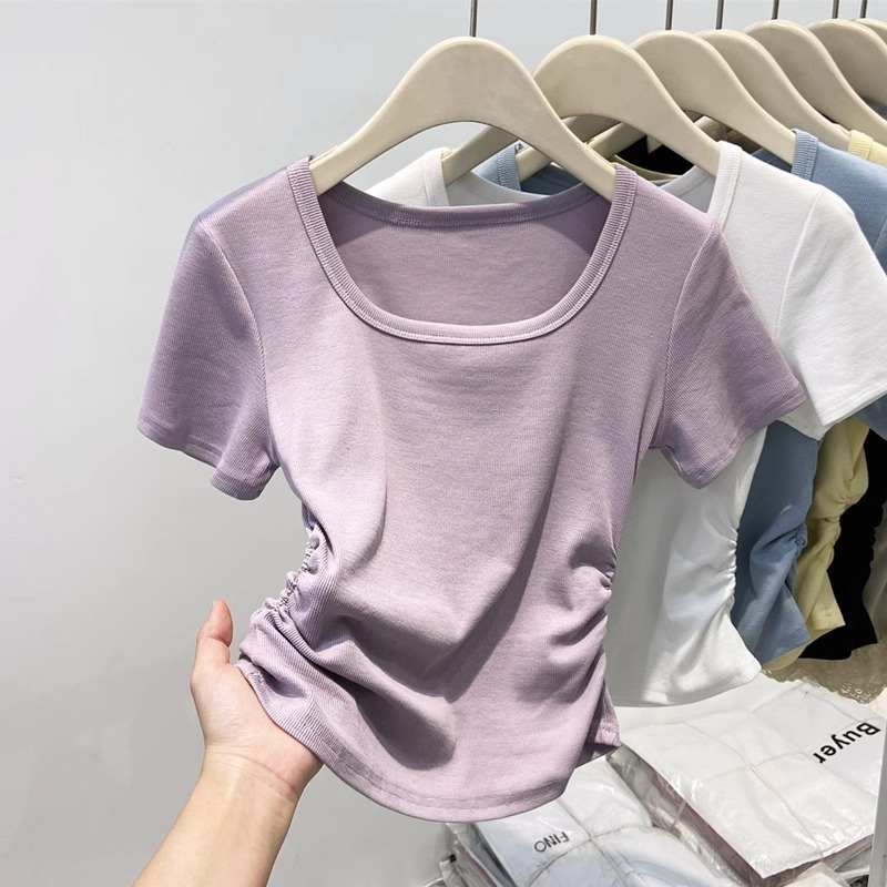 女性のための紫色の半袖 T シャツ 2025 夏の新しいスクエアネックスリムソリッドカラーウエストショートショルダートップ Tシャツ|undefined