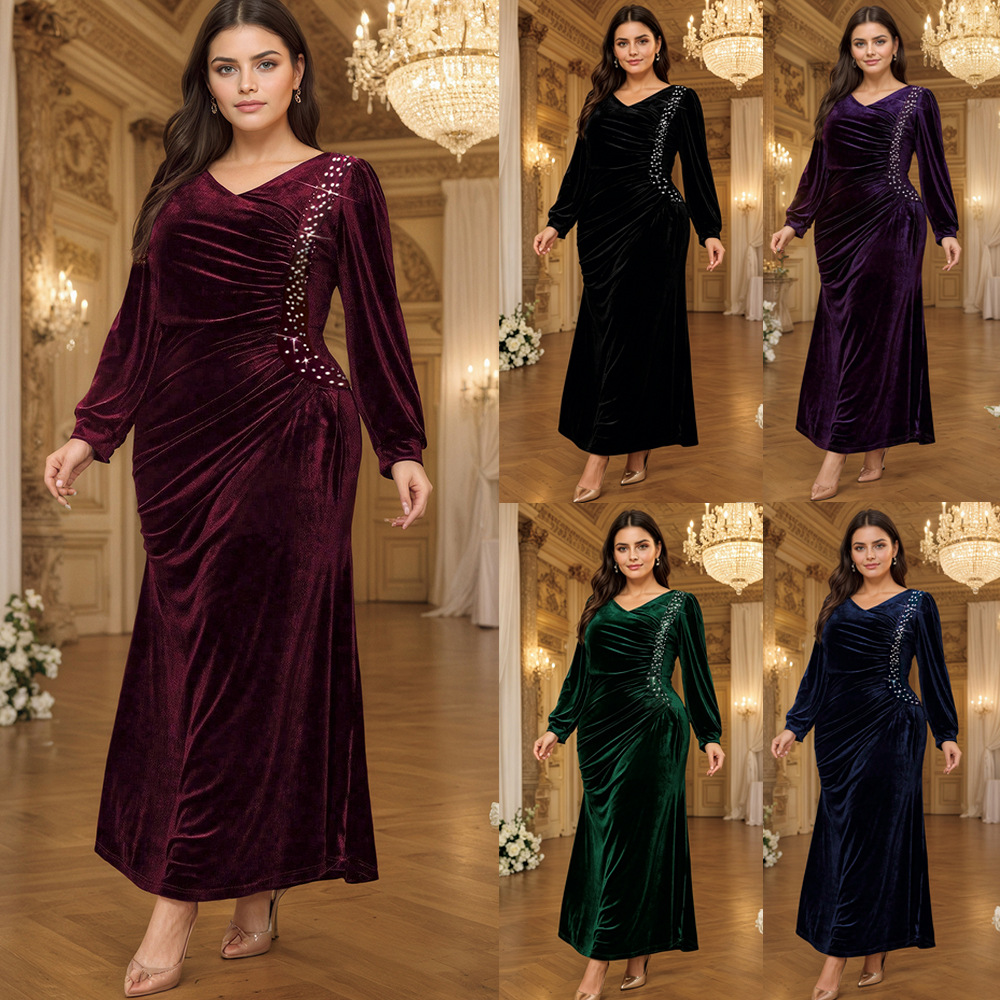 Cross-border plus-size heavy-duty velvet lantern sleeve V-neck waist-cinching fishtail evening luxury long dress